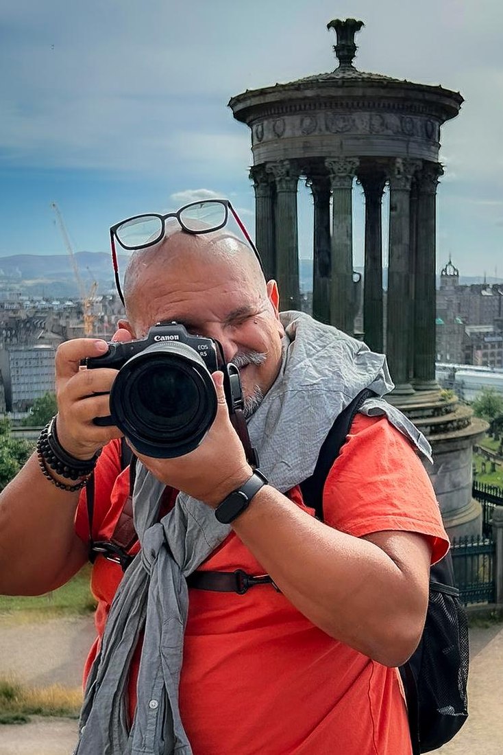 Robert Vella with his camera on Calton Hill, Edinburgh